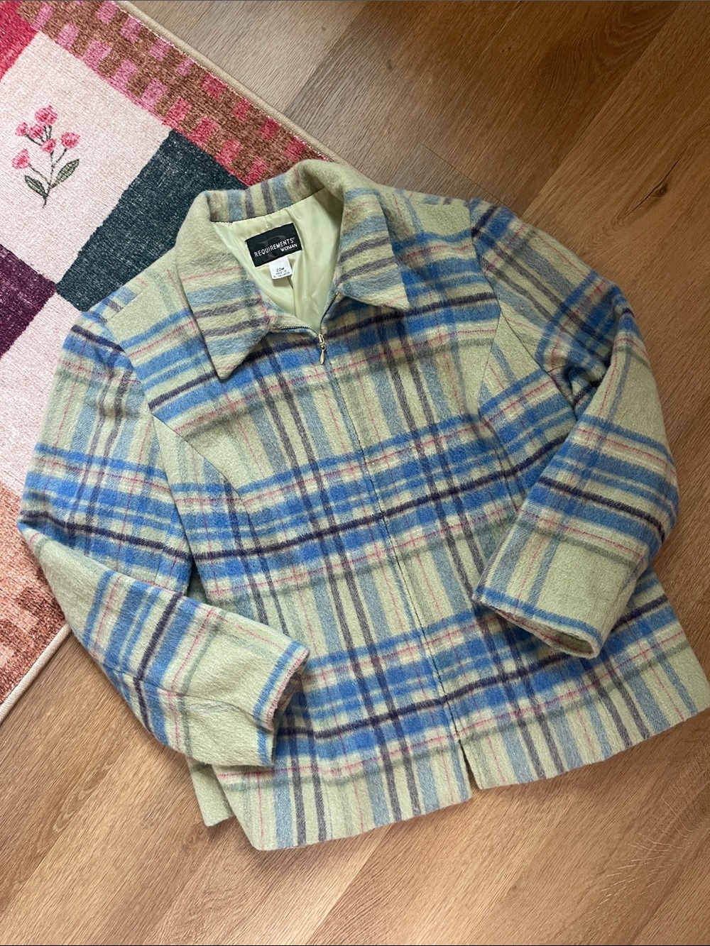 Vintage Requirements Women’s Light Green and Blue Plaid Wool Pea Zip Up Jacket